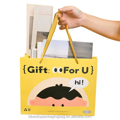 OEM/ODM Customized Cute Yellow Cartoon Paper Bag Gift Packaging Bag Handle Paper Shopping Tote Bag for Birthday Party Paper Bag