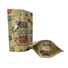 Custom Brown Kraft Paper Bag Stand up Pouch Potato Chips Snack Christmas Packaging Oat Biscuit Tea Biodegradable Zipper Bag