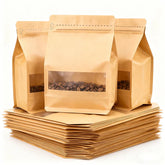 Custom Compostable Kraft Paper Pouch Square Block Eight Side Seal Matte Craft Coffee Doypack With Window