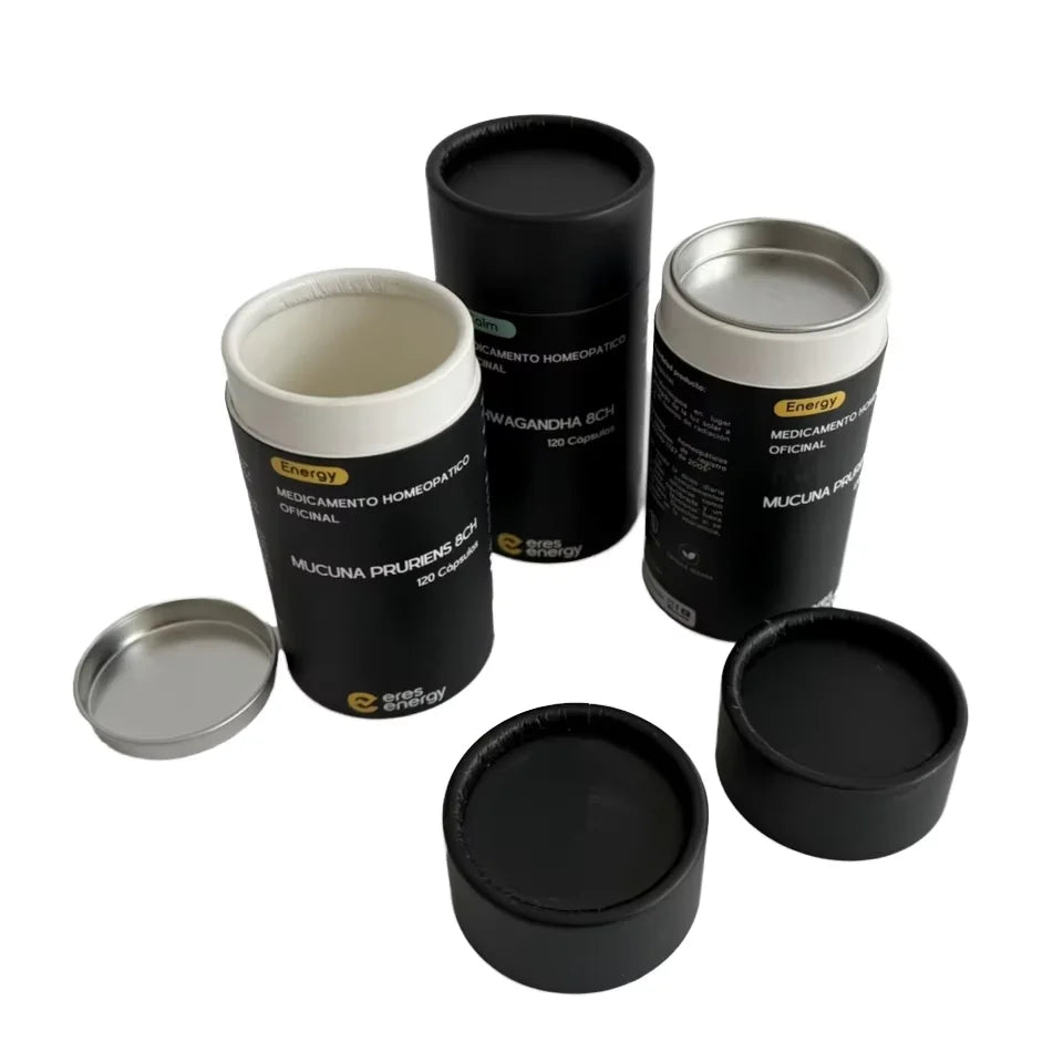 Custom Biodegradable Black Natural Kraft Cardboard Tablets Capsules Cylinder Packaging Paper Tube  with Metal Lid for Eye Drops