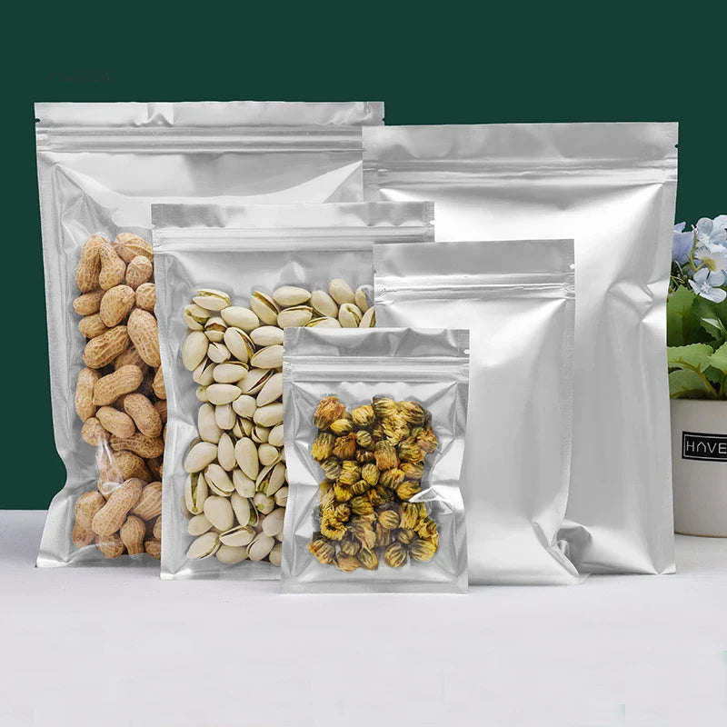 One Side Clear Front Silver Back Resealable Ziplock Food Storage Tear Notch Metallic Aluminum Foil Bag for Food Packaging