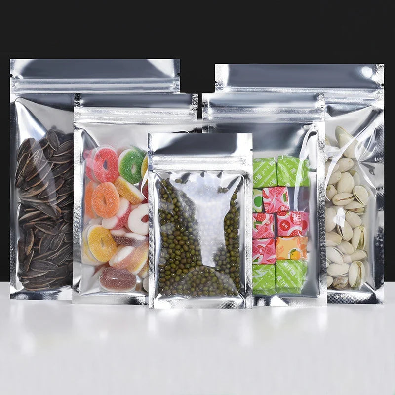 One Side Clear Front Silver Back Resealable Ziplock Food Storage Tear Notch Metallic Aluminum Foil Bag for Food Packaging