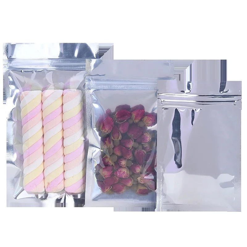 One Side Clear Front Silver Back Resealable Ziplock Food Storage Tear Notch Metallic Aluminum Foil Bag for Food Packaging
