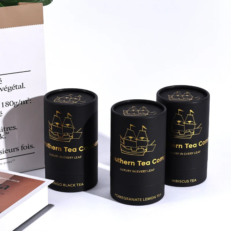 Custom Packaging Black  Food Round Luxury Tea Cardboard Tube Push up Gold Foil Paper Tube Box Packaging