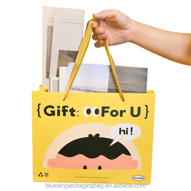 OEM/ODM Customized Cute Yellow Cartoon Paper Bag Gift Packaging Bag  Handle Paper Shopping Tote Bag for Birthday Party Paper Bag