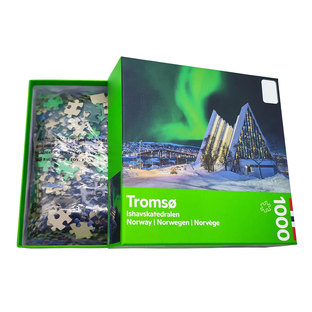 Personalized Custom Oem Norway Tromso Puzzle Game 1000 Pieces Aurora Landscape Paper Jigsaw Puzzles for Adult Kids