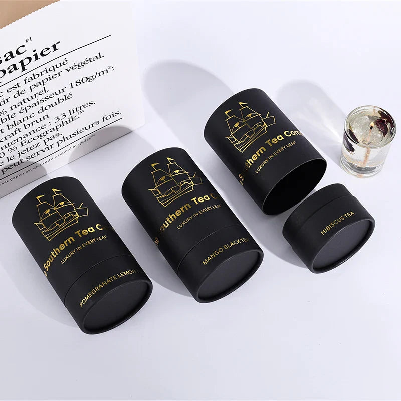 Custom Packaging Black  Food Round Luxury Tea Cardboard Tube Push up Gold Foil Paper Tube Box Packaging