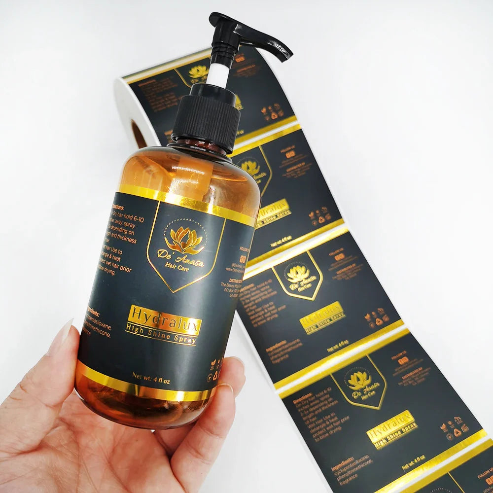 Custom Roll Printing Logo Luxury Waterproof Packaging Bottle Embossed Gold Foil Labels Biodegradable Stickers for Food Cosmetic