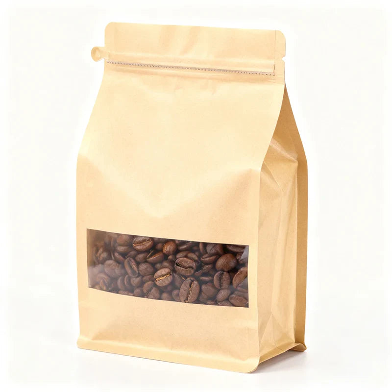 Custom Compostable Kraft Paper Pouch Square Block Eight Side Seal Matte Craft Coffee Doypack With Window