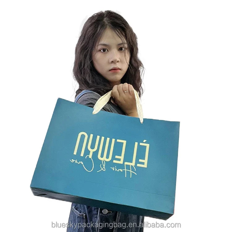 Premium Blue Gift Paper Bag - Thick Coated Paper with Twisted Ribbon Handle, Luxury Packaging for Jewelry/Cosmetics (14x10x6cm)