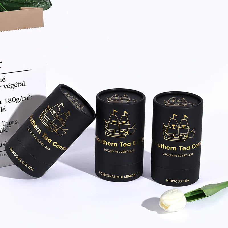 Custom Packaging Food Round Luxury Tea Cardboard Tube Black Push up Gold Foil Paper Tube Box Packaging