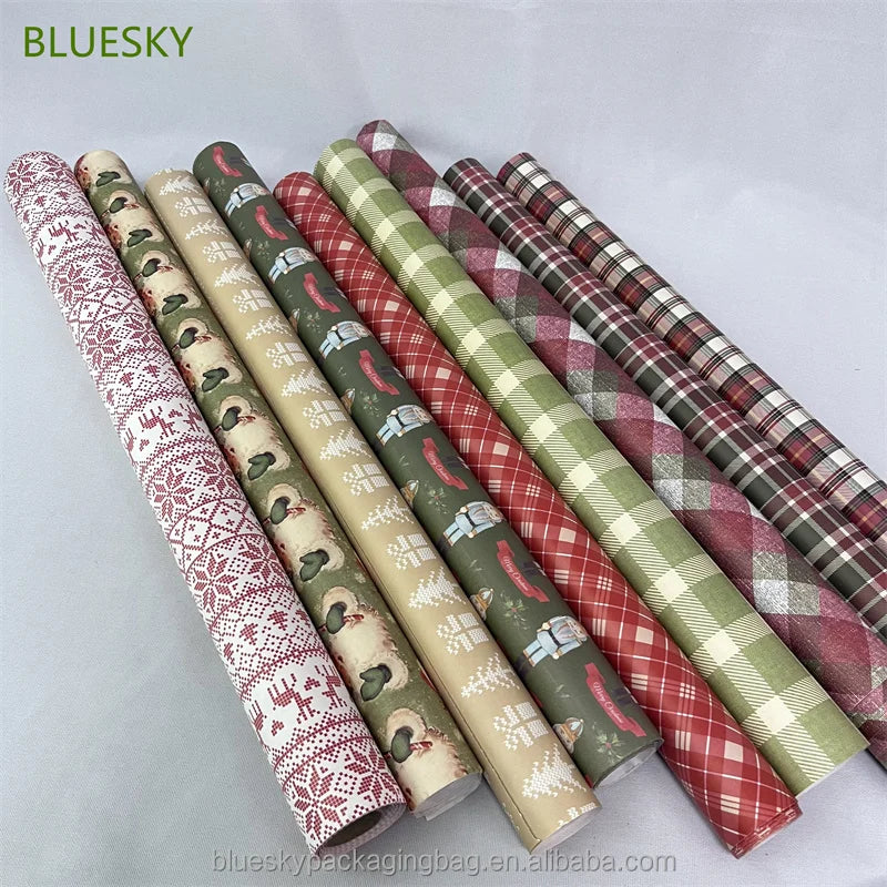 Customize Reversible Christmas Wrapping Paper Mini Roll with Red White Snowflakes and Reindeer Design for Gift Wrap