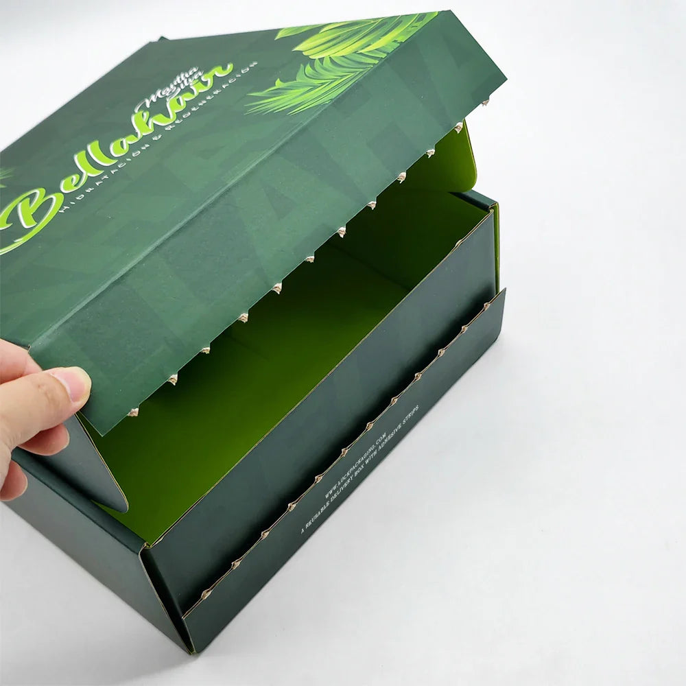 Custom logo Hat Tshirt Cosmetic Cardboard Reusable Express Corrugated Tear Strip Carton Delivery Box With Adhesive Strips