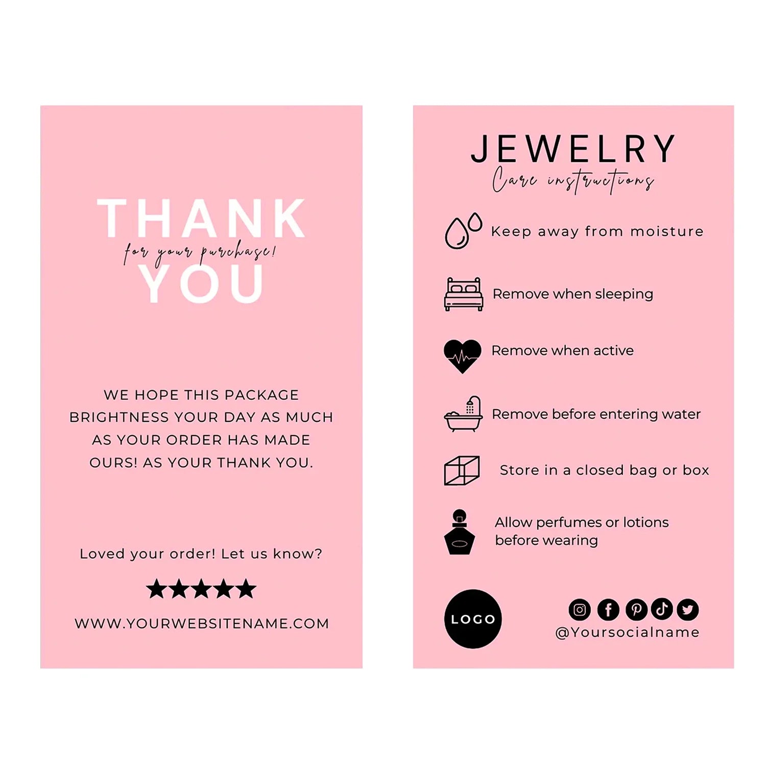 Custom Luxury Design Thank You Cards Jewelry Care Card Printable Instruction for Small Business Care Card