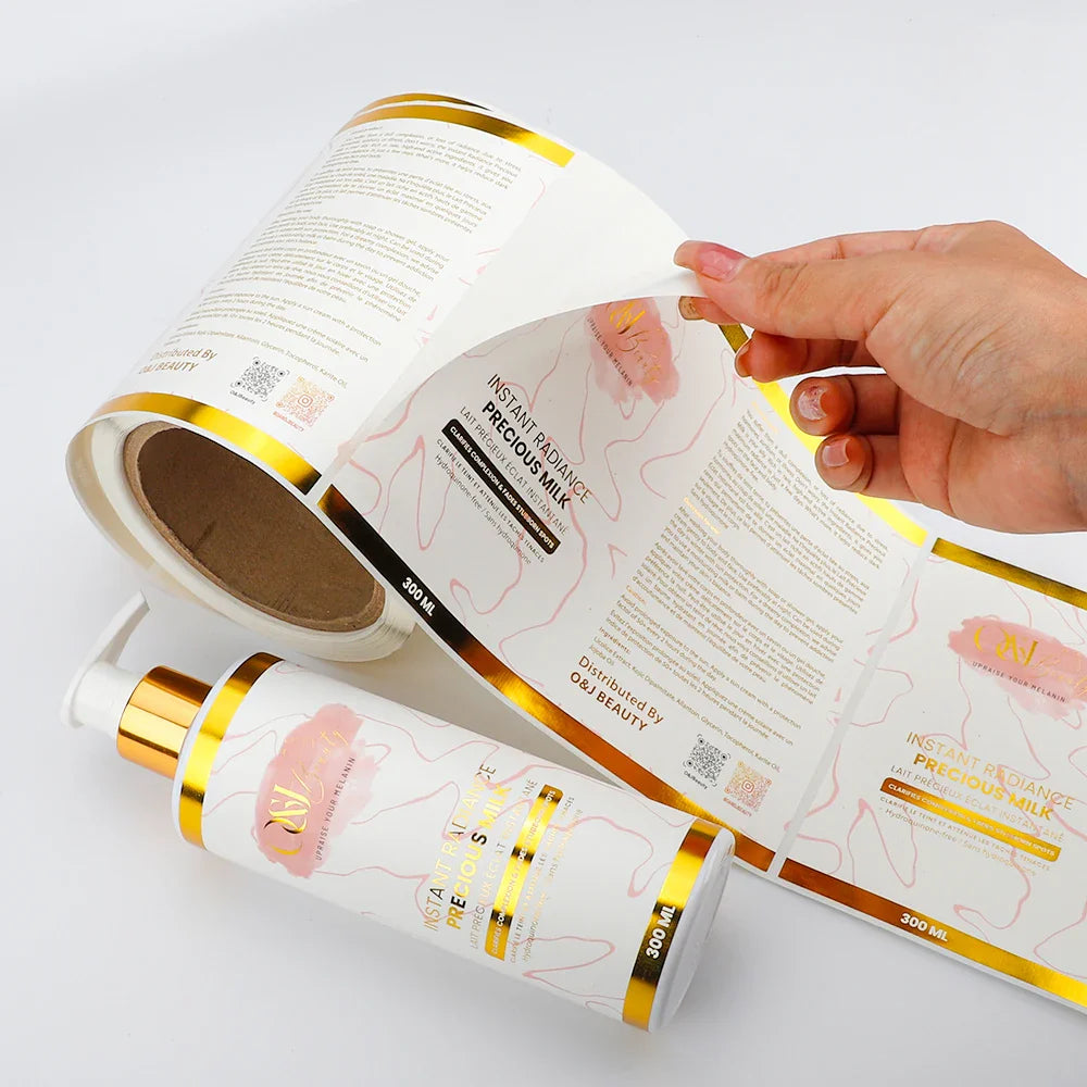 Custom Cosmetics Etiqueta Gold Foil Skincare Waterproof Adhesiva Personalizada Pegatina Logo Stickers Roll Labels for Packaging