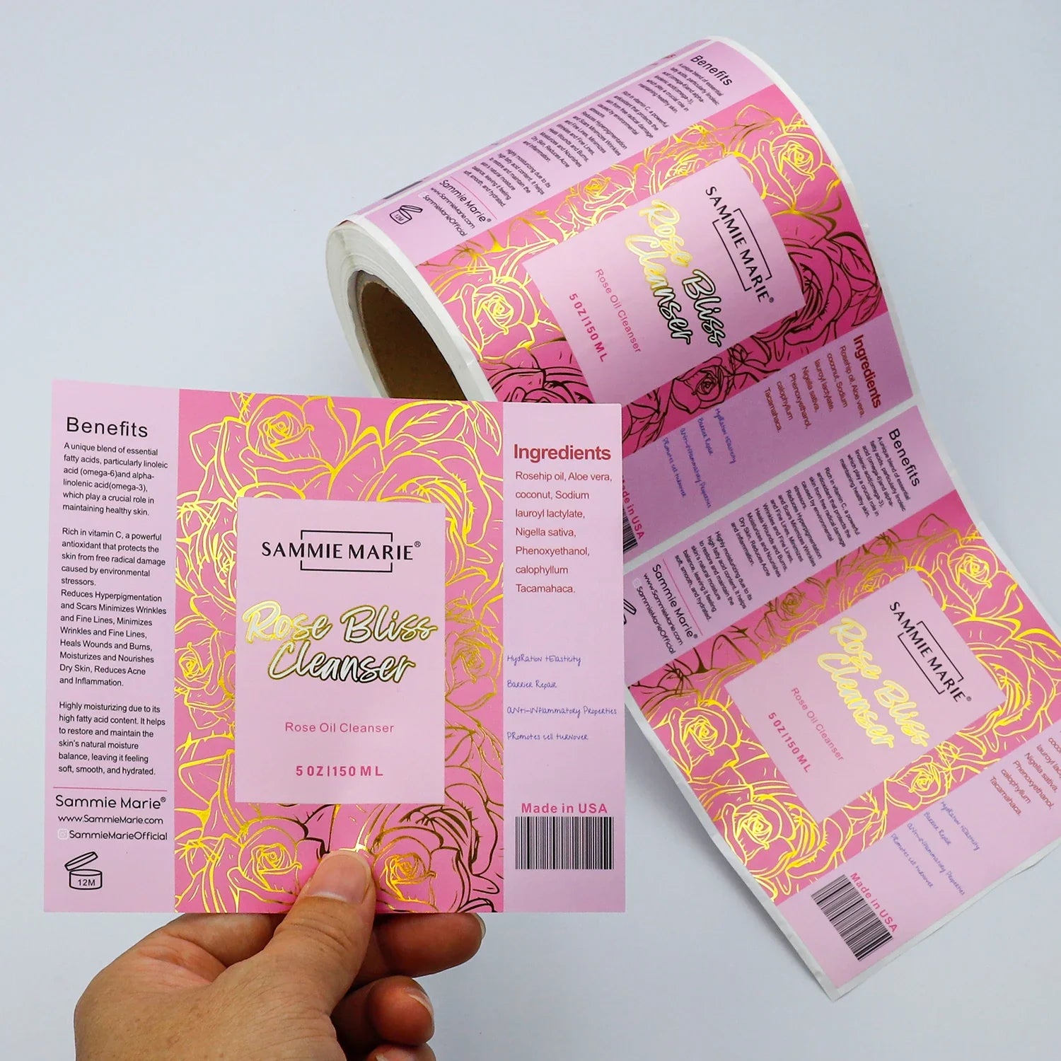 Custom Logo Waterproof Vinyl Skincare Product Label Gold Foil Cosmetic Shampoo Stickers Roll Printing Packaging Label for Bottle