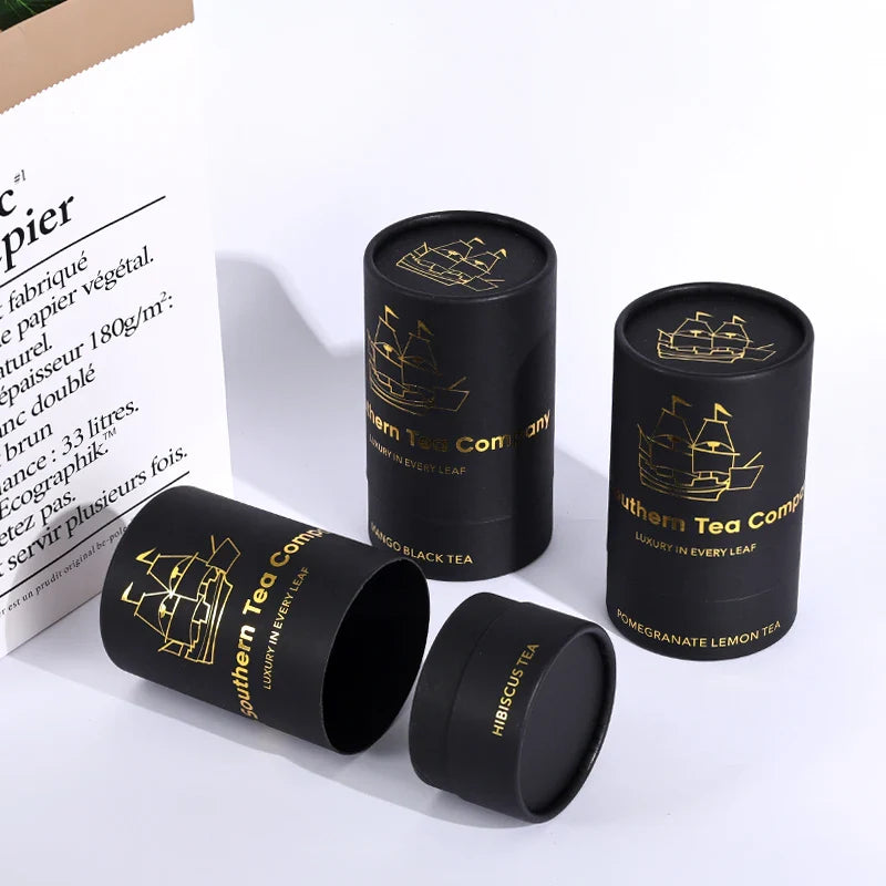 Custom Packaging Tea  Food Round Luxury Cardboard Tube Black Push up Gold Foil Paper Tube Box Packaging