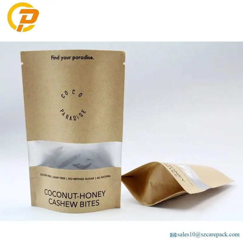 Customized Printed Brown Kraft Paper Stand up Pouch Biodegradable Food Packaging for Sugar and Pizza