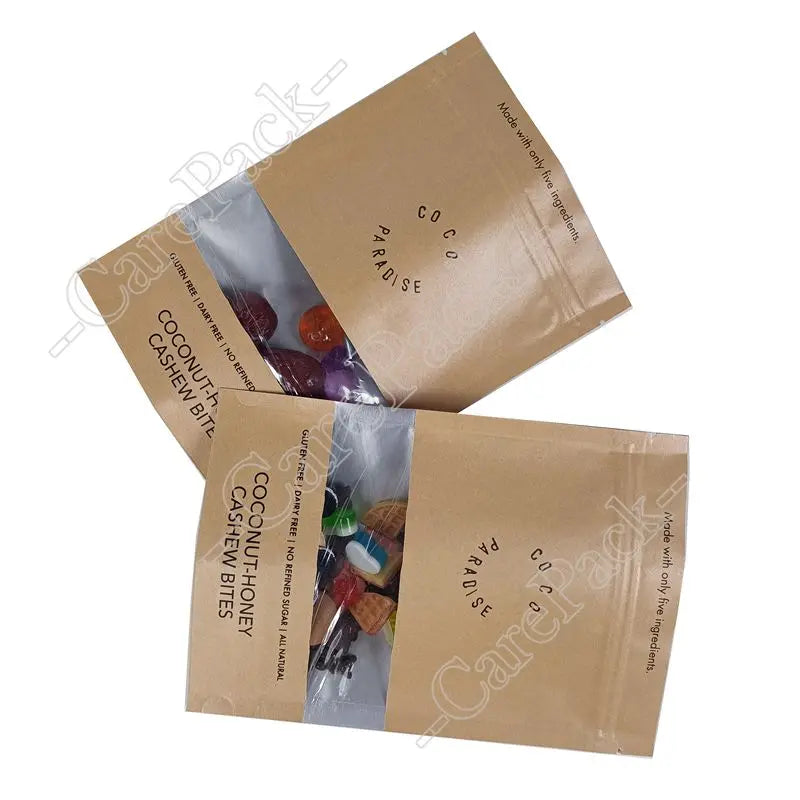 Heat Seal Snack Coffee Tea Biodegradable Recycle Eco-friendly Clear Windows Die Cut Kraft Stand up Pouch