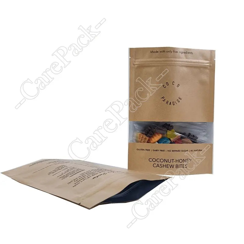 Heat Seal Snack Coffee Tea Biodegradable Recycle Eco-friendly Clear Windows Die Cut Kraft Stand up Pouch