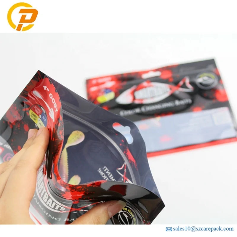 Resealable Lure Packaging Oem Printing Zipper clear Window Worm Soft Plastic Laminated Fish Bait Bags with Zipper