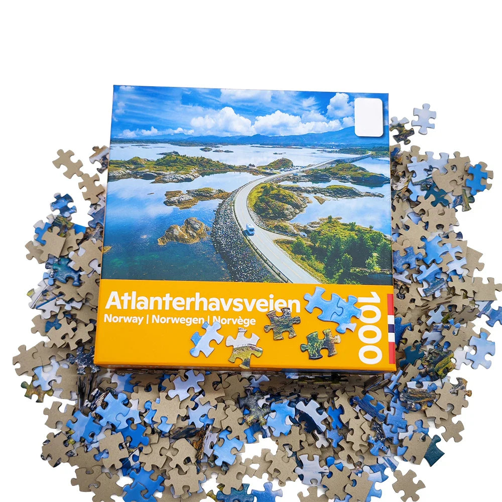 Customized 1000 Piece Atlanterhavsvegen Brain Teaser IQ Game Jigsaw Puzzles Matte Paper with Custom Box