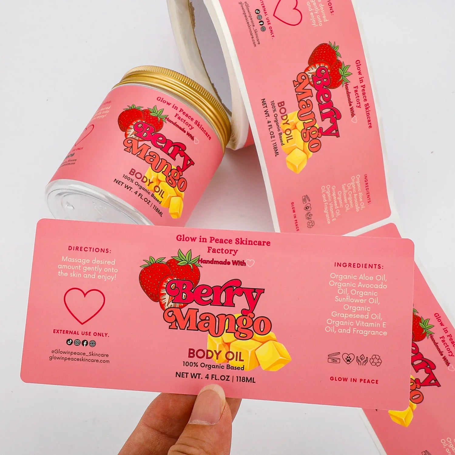 Custom Waterproof Adhesive Vinyl Pink Printing Private Logo Skincare Product Body Oil Sticker Labels for Cosmetic Jars