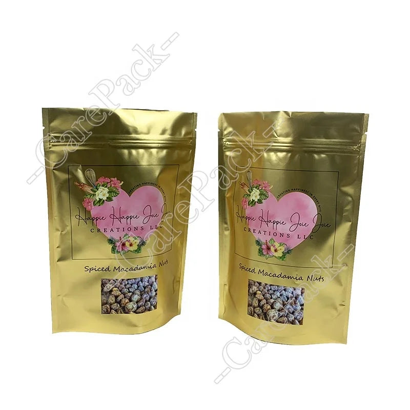 Custom Printing Stand up Pouch Chips Cookie Candy Tea Biscuit Nut Peanut Dry Fruit Zipper Packaging Bag Golden Food PE Care Pack