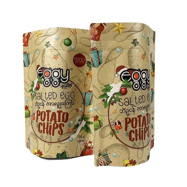 Custom Brown Kraft Paper Bag Stand up Pouch Potato Chips Snack Christmas Packaging Oat Biscuit Tea Biodegradable Zipper Bag