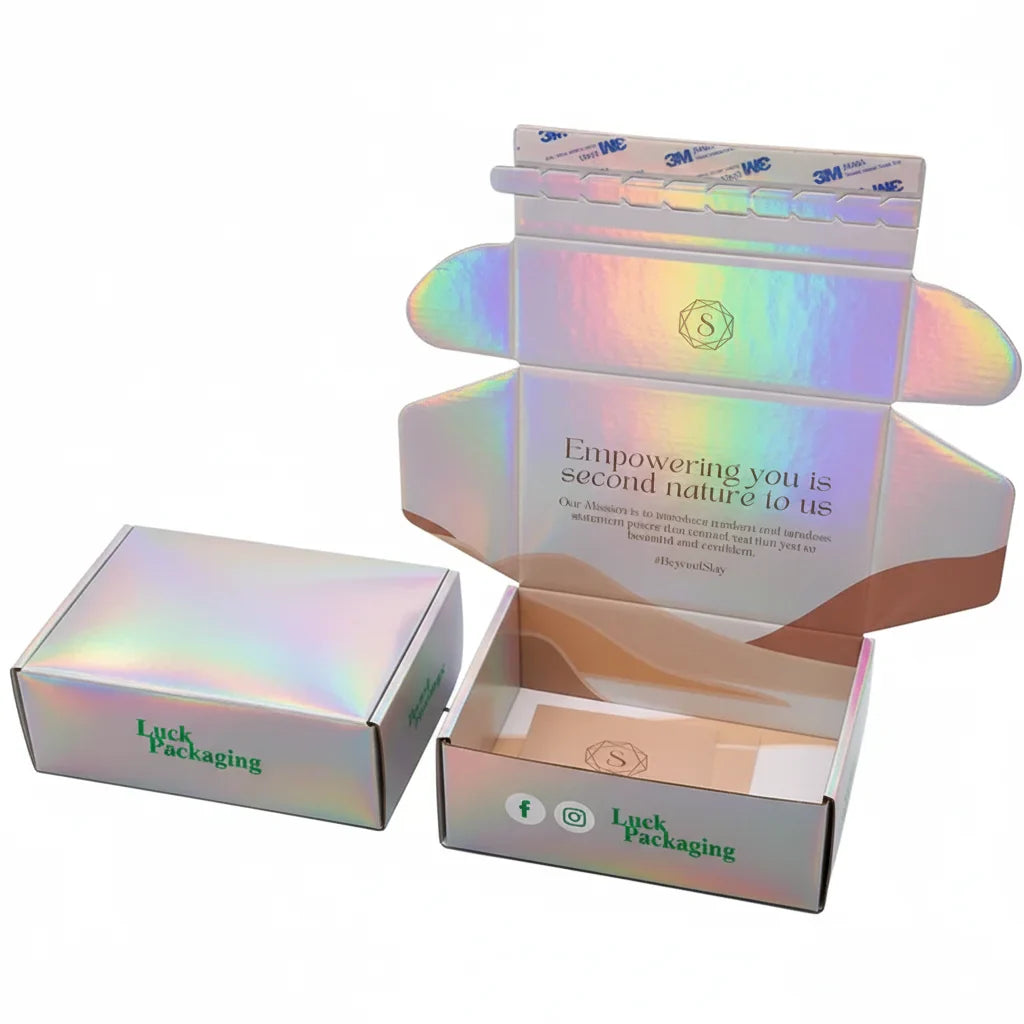 Luxury Holographic Paper Packaging Cardboard Custom Logo Iridescent Pink Hologram Mailer Shipping Boxes