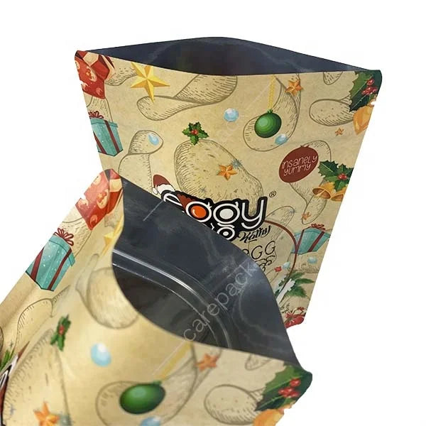 Custom Brown Kraft Paper Bag Stand up Pouch Potato Chips Snack Christmas Packaging Oat Biscuit Tea Biodegradable Zipper Bag
