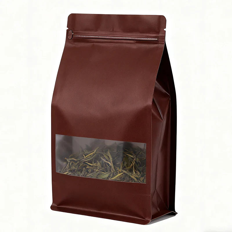 Custom Compostable Kraft Paper Pouch Square Block Eight Side Seal Matte Craft Coffee Doypack With Window