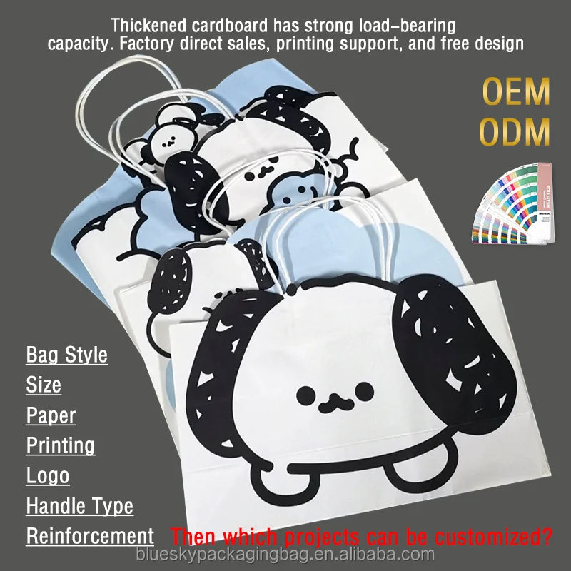 OEM/ODM Customized Cute Cartoon Paper Bag Logo Print Gift Shopping Bag with Handle White Kraft Paper Bags Thick Tote Bag