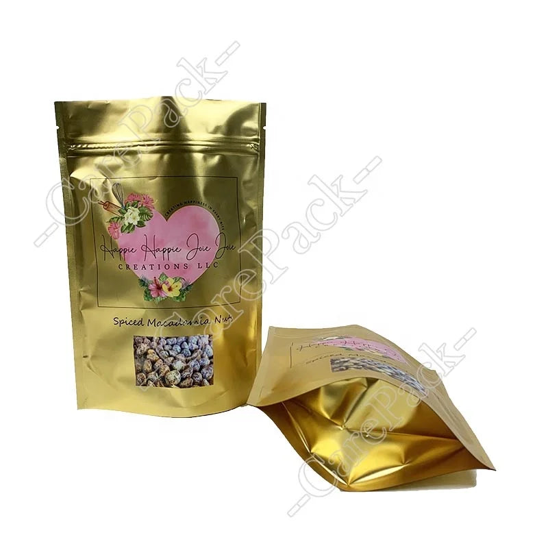 Custom Printing Stand up Pouch Chips Cookie Candy Tea Biscuit Nut Peanut Dry Fruit Zipper Packaging Bag Golden Food PE Care Pack