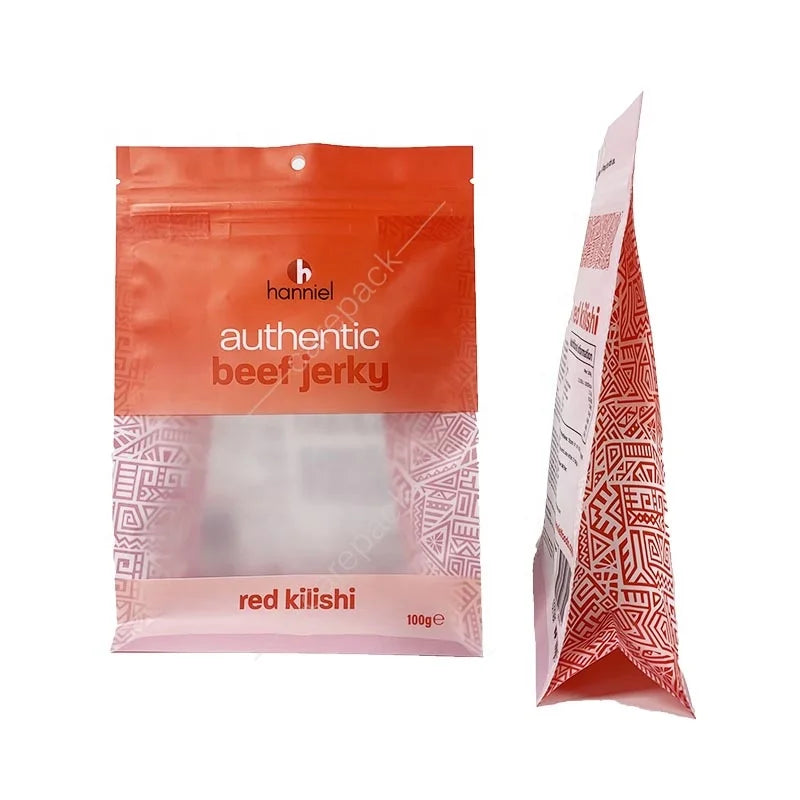 Custom Eight Side Seal Stand up Flat Bottom Tea Coffee Beans Beef Jerky Packaging Bags with Zipper Food Candy Packaging PE