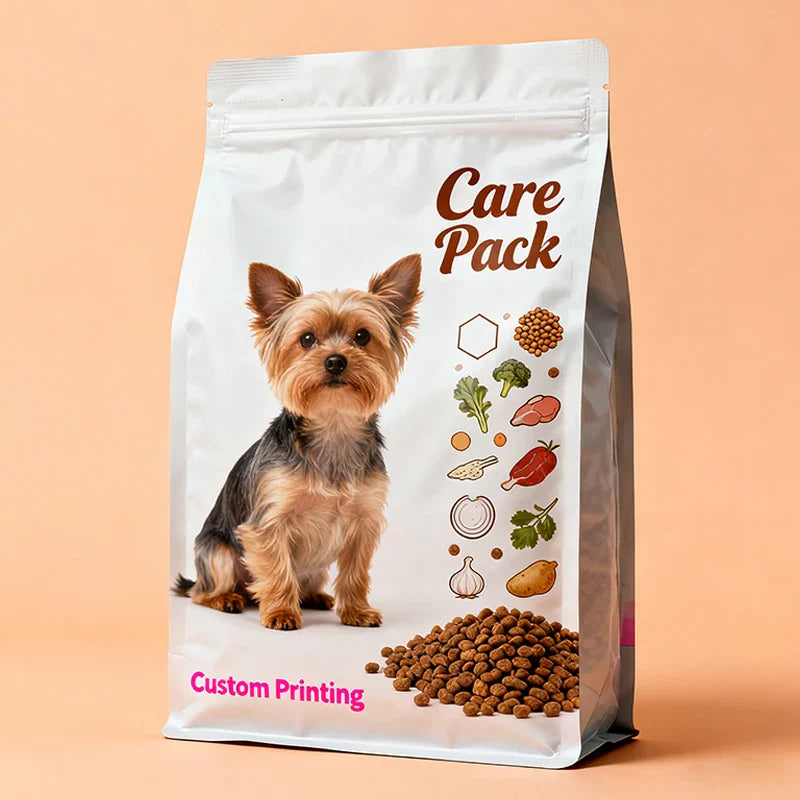 Customized 5lb 20lb 40lb Food Grade Animal Ziplock Square Plastic Flat Bottom Pet Treat Food Packaging Pouch