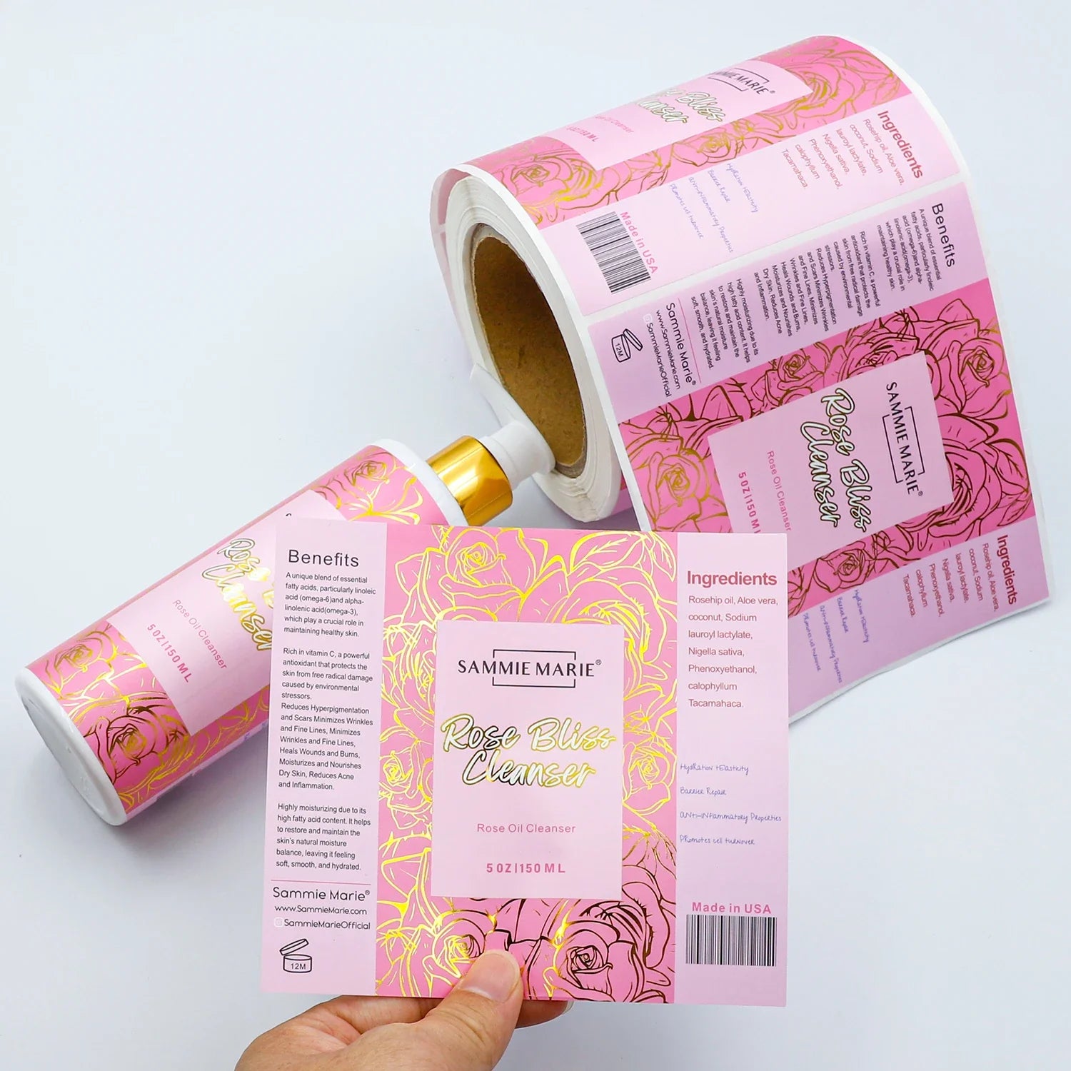 Custom Logo Waterproof Vinyl Skincare Product Label Gold Foil Cosmetic Shampoo Stickers Roll Printing Packaging Label for Bottle