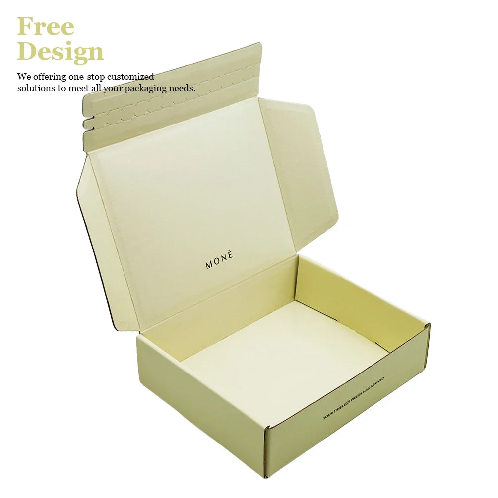 Custom Self Seal Adhesive Packaging Corrugated Matte Soft Touch Film Cream Yellow Zipper Tear Strip Mailer Boxes Shipping Boxes