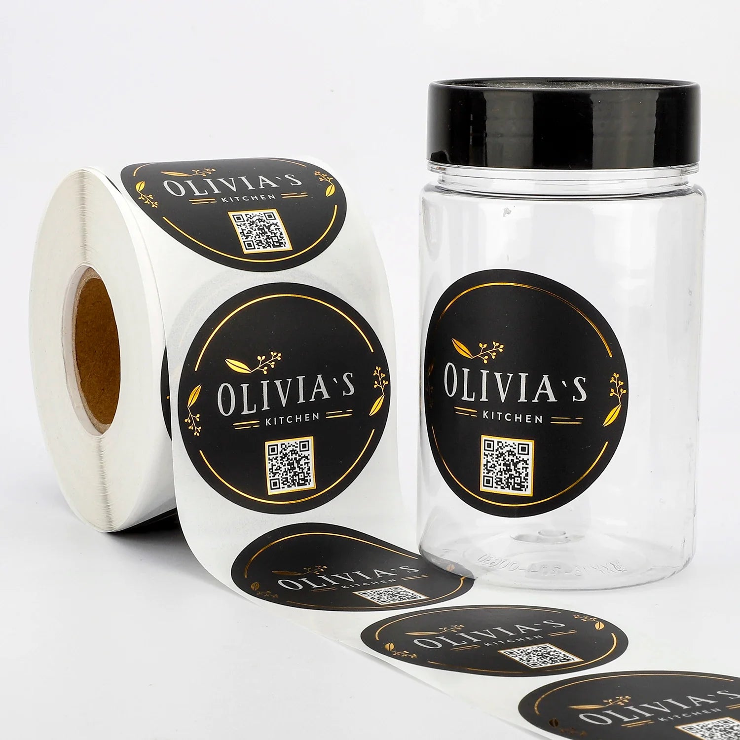 Personalized Custom Roll Waterproof Vinyl Adhesive Food Product Label Gold Foil Printing Round Logo Stickers with Qr Code Label
