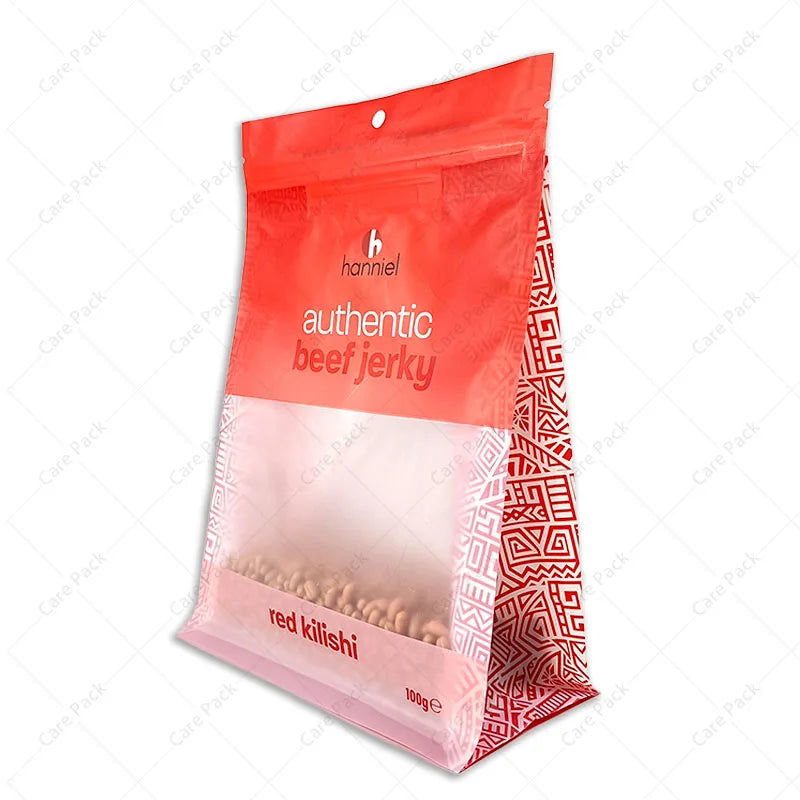 Custom Coffee Bean Snack Beef Jerky Chip Cookies Pet Food Eight Side sealed  Flat Bottom Bag Pouch With Zipper and clear Window