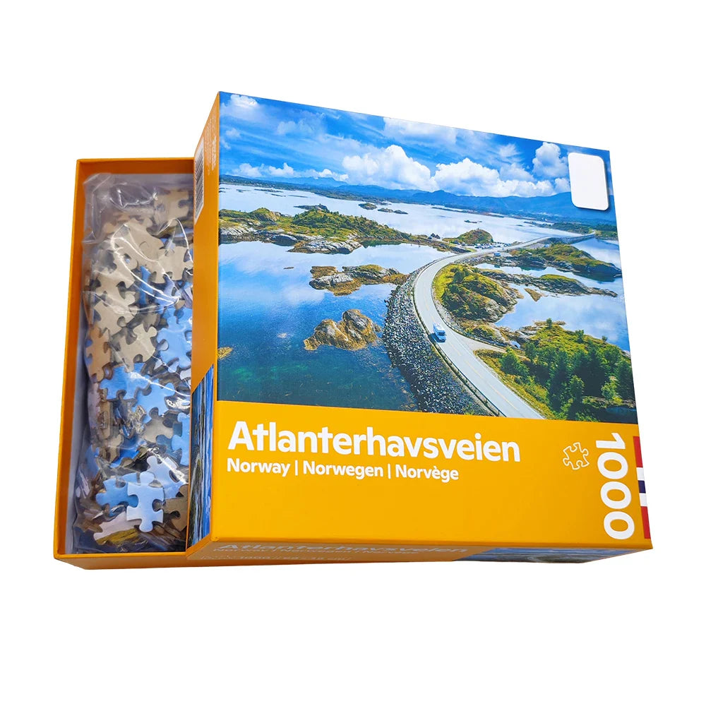 Customized 1000 Piece Atlanterhavsvegen Brain Teaser IQ Game Jigsaw Puzzles Matte Paper with Custom Box