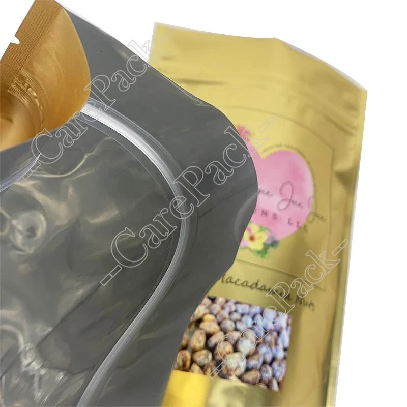 Custom Printing Stand up Pouch Chips Cookie Candy Tea Biscuit Nut Peanut Dry Fruit Zipper Packaging Bag Golden Food PE Care Pack