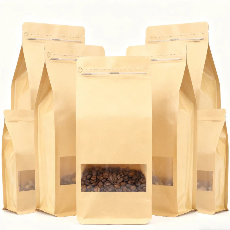 Custom Compostable Kraft Paper Pouch Square Block Eight Side Seal Matte Craft Coffee Doypack With Window