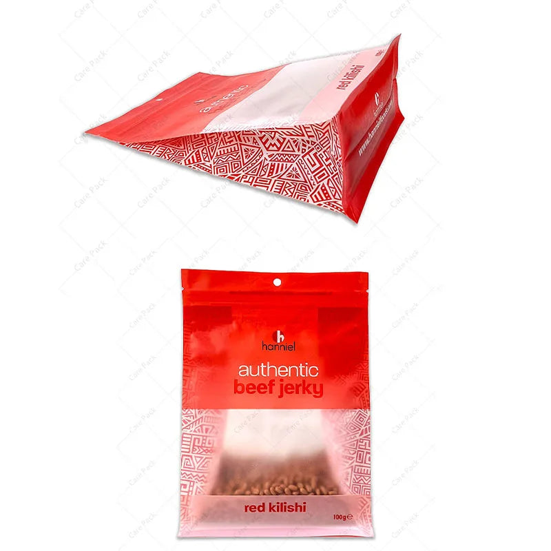 Custom Coffee Bean Snack Beef Jerky Chip Cookies Pet Food Eight Side sealed  Flat Bottom Bag Pouch With Zipper and clear Window
