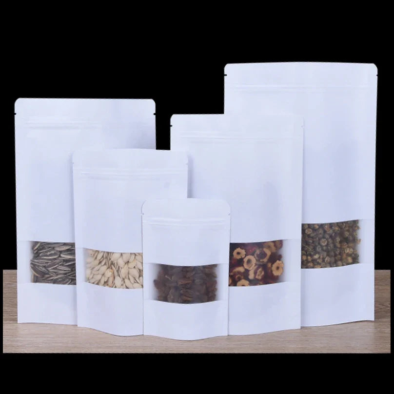 White Stand up Metallized Kraft Paper Aluminum Foil Laminated Resealable Ziplock Food Packaging Pouches Bags