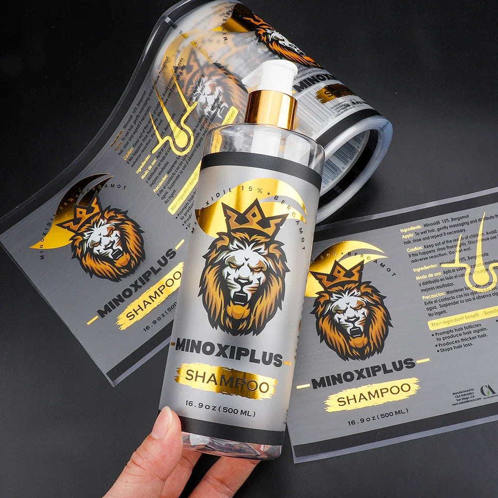 Customized Clear Backing Bopp Viny Gold Foil Logo Printing Shampoo Sticker Roll Label for Hair Oil Bottles With Custom Label