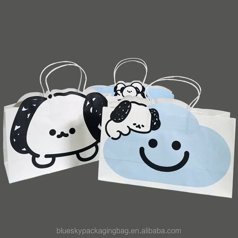 OEM/ODM Customized Cute Cartoon Paper Bag Logo Print Gift Shopping Bag with Handle White Kraft Paper Bags Thick Tote Bag