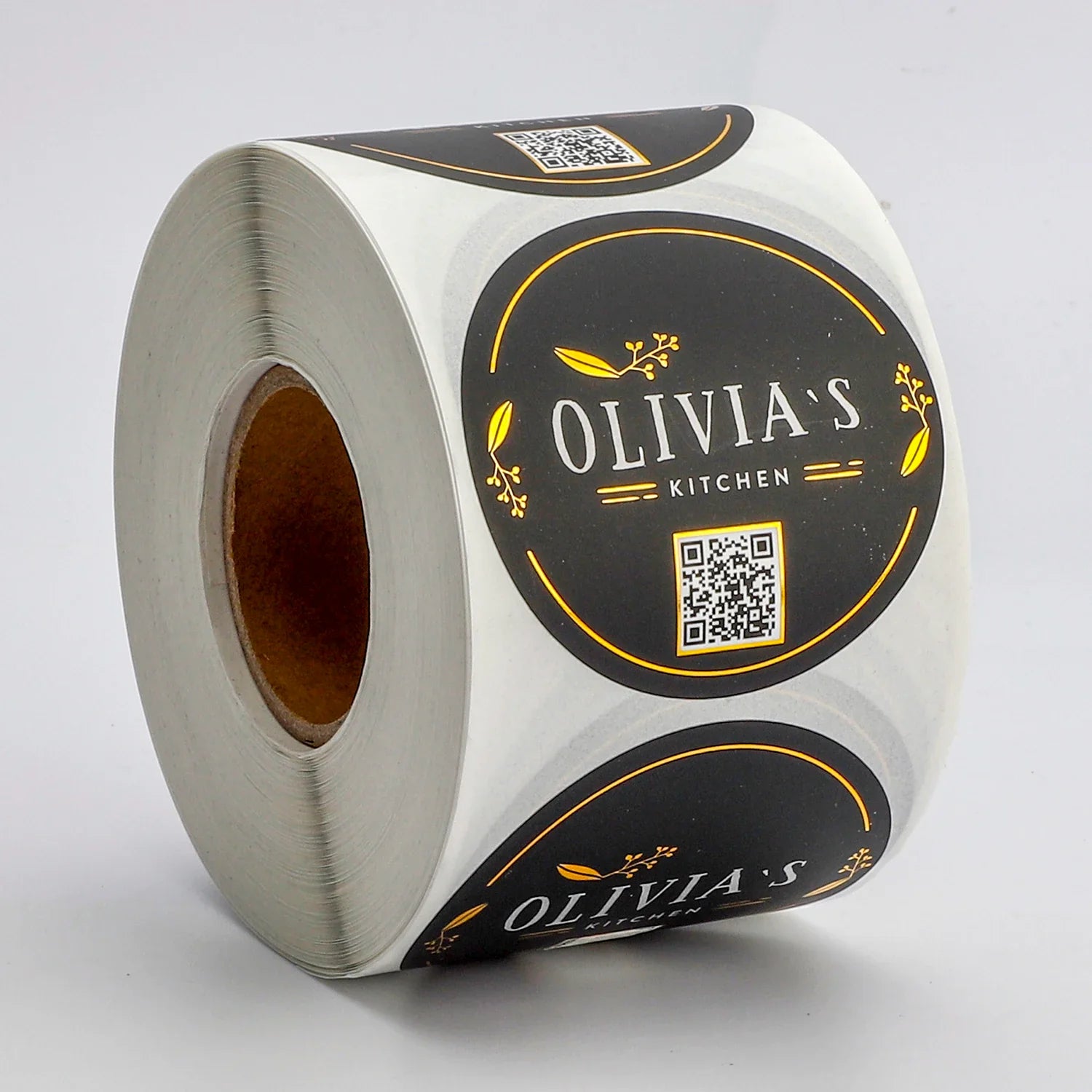Personalized Custom Roll Waterproof Vinyl Adhesive Food Product Label Gold Foil Printing Round Logo Stickers with Qr Code Label
