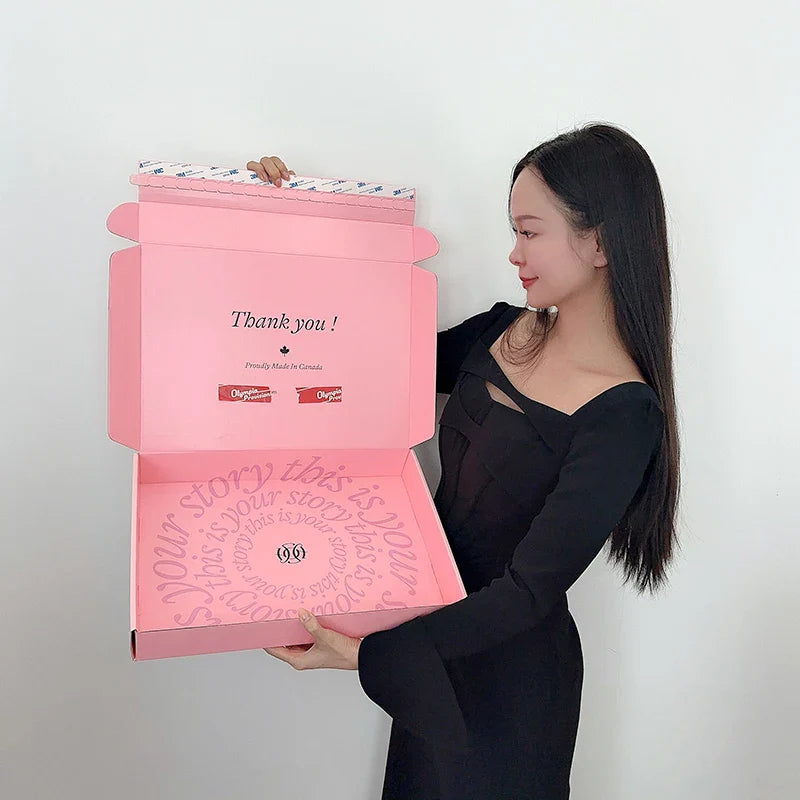 Custom logo Hat Tshirt Cosmetic Cardboard Reusable Express Corrugated Tear Strip Carton Delivery Box With Adhesive Strips