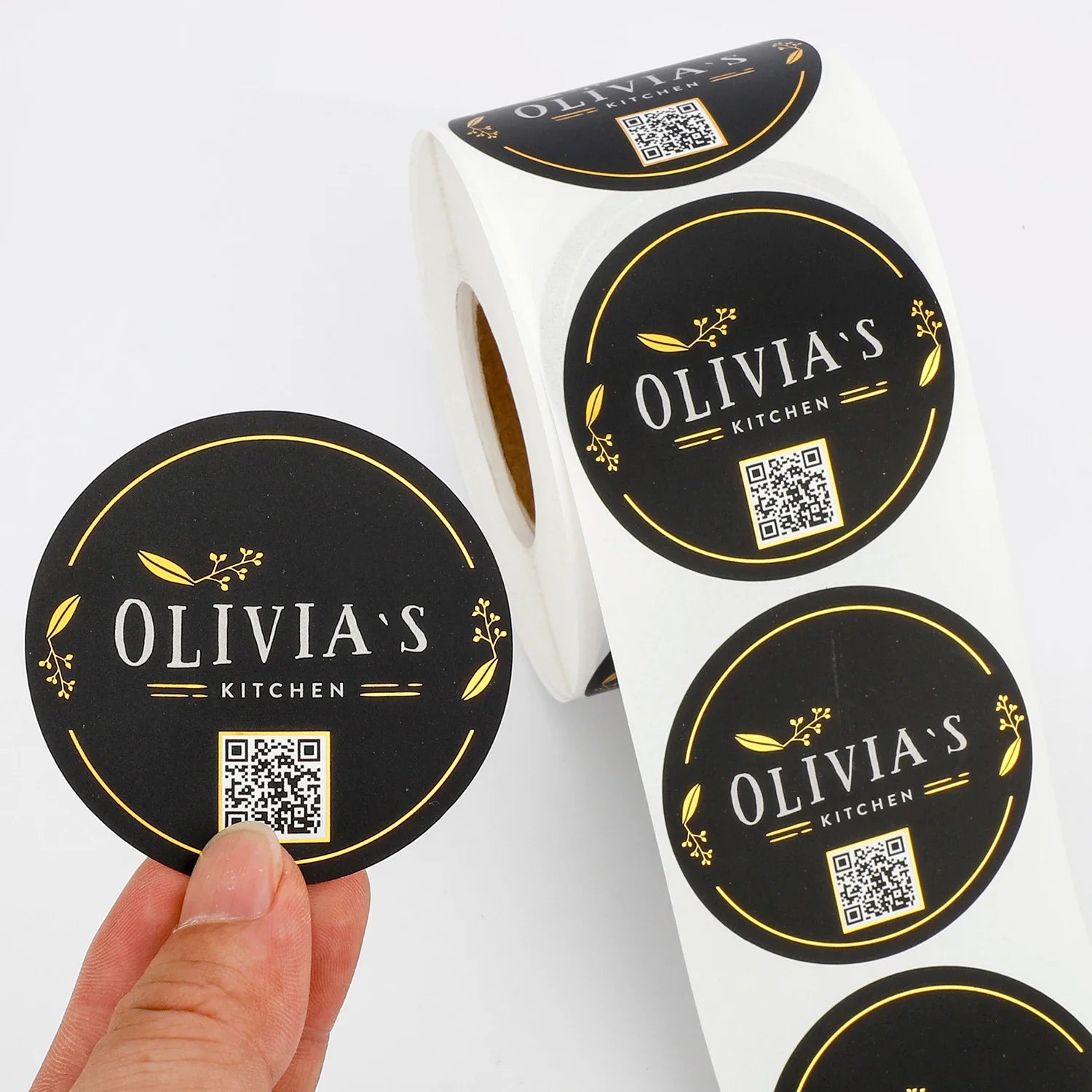 Personalized Custom Roll Waterproof Vinyl Adhesive Food Product Label Gold Foil Printing Round Logo Stickers with Qr Code Label
